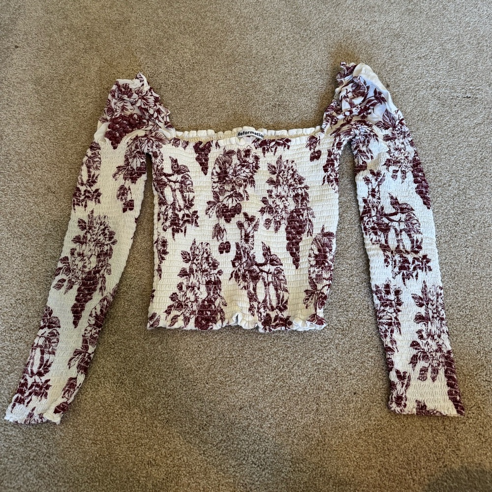 Reformation Burgundy Floral Smocked Top
